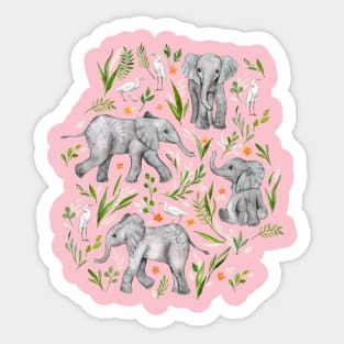 Baby Elephants and Egrets in watercolor - blush pink Sticker